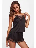 Merry See Dantel İşlemeli saten Şortlu Pijama Takım Siyah Siyah görsel 5