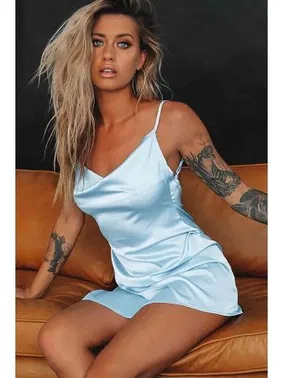 Merry See Merry See Saten Yırtmaçlı Kısa Gecelik MS2324-Mavi