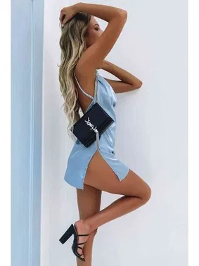 Merry See Merry See Saten Yırtmaçlı Kısa Gecelik MS2324-Mavi - Alternatif Görünüm