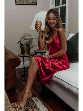 Merry See Merry See Sırt Dekolteli Uzun Saten Gecelik Elbise Kırmızı 2329 - Alternatif Görünüm