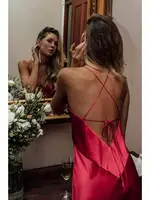 Merry See Sırt Dekolteli Uzun Saten Gecelik Elbise Kırmızı 2329 Kırmızı görsel 4