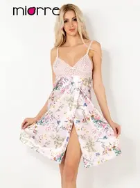 Miorre Dantel Detaylı Çiçek Desenli Saten Gecelik