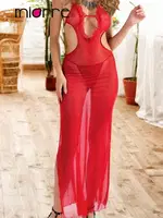 Miorre Uzun Yırtmaçlı Bel Dekolteli Kadın Gecelik Takımı Kırmızı görsel 6