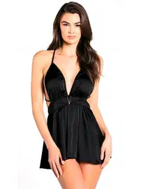 NightLight Night Light Çarpraz Askılı Fantazi Siyah Saten Babydoll 3374