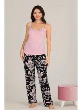 Lady Pembe Çiçek Desenli Gömlekli ve Askılı 3'lü Pijama Takımı Lady 20001 - Alternatif Görünüm