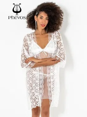Phevos Phevos 3lü Beyaz Gecelik ve Sabahlık Takımı