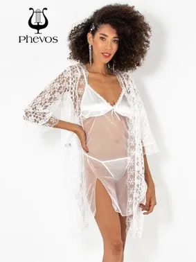 Phevos Phevos 3lü Beyaz Gecelik ve Sabahlık Takımı - Alternatif Görünüm