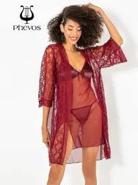Phevos 3lü Bordo Dantelli Gecelik Sabahlık Takımı Phevos
