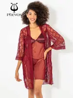 3lü Bordo Dantelli Gecelik Sabahlık Takımı Phevos Bordo farklı açı