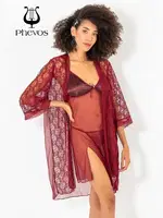 3lü Bordo Dantelli Gecelik Sabahlık Takımı Phevos Bordo görsel 5
