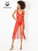 Phevos Göğüs Kısmı Güpür Detaylı 2li Gecelik Takımı Kırmızı görsel 4