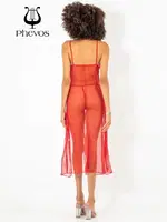 Phevos Göğüs Kısmı Güpür Detaylı 2li Gecelik Takımı Kırmızı görsel 7