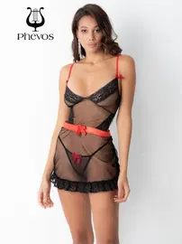 Phevos Phevos Transparan Kırmızı Kuşaklı Fantezi Gecelik