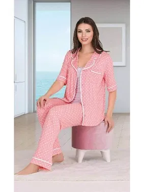 Lady Puantiyeli Düğmeli Pijama Atlet 3 lü Takım Lady 20011