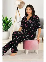 Siyah Çiçek Desenli Gömlekli Ve Askılı 3lü Pijama Takımı Lady 20003 Siyah