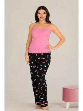 Lady Siyah Çiçek Desenli Gömlekli Ve Askılı 3lü Pijama Takımı Lady 20003 - Alternatif Görünüm