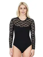 Uzun Kol Dantelli Kadın Body Derya Kurşun 342 Siyah