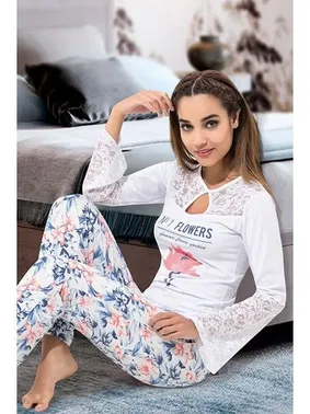 Derya Kurşun Uzun Kol Dantelli Kadın Pijama Takım Derya Kurşun 1115 - Alternatif Görünüm
