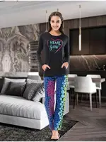 Uzun Kol Kadın Pijama Takım Derya Kurşun 1110 Çok Renkli