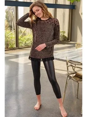 Anıl Puantiyeli Tüllü Uzun Kollu Sweatshirt ve Deri Görünümlü Tayt Takım Anıl 9739