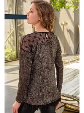 Anıl Puantiyeli Tüllü Uzun Kollu Sweatshirt ve Deri Görünümlü Tayt Takım Anıl 9739 - Alternatif Görünüm