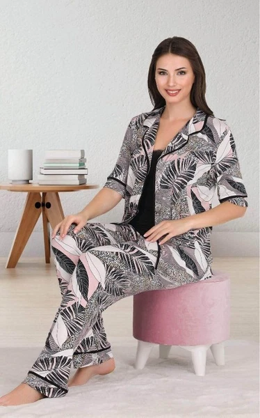 Desenli Düğmeli Pijama Atlet 3 lü Takım Lady 20017