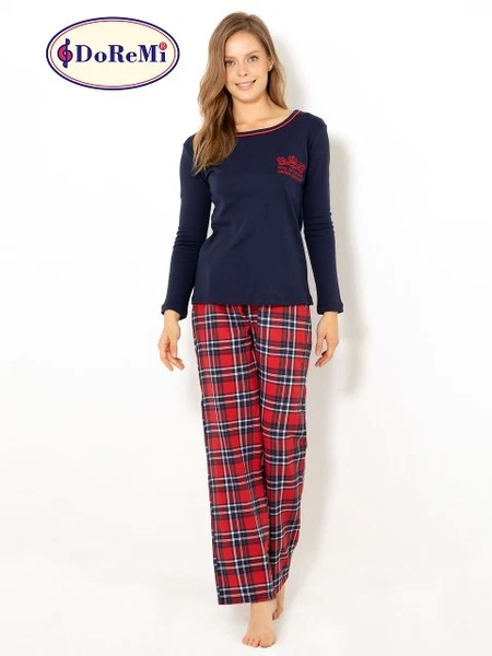 Doremi Geniş Yaka Ekose Bayan Pijama Takımı