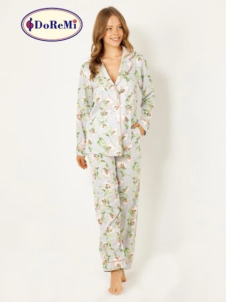 DoReMi Çiçekli Doğal Viskon Soft Yumuşak Düğmeli Pijama Takımı