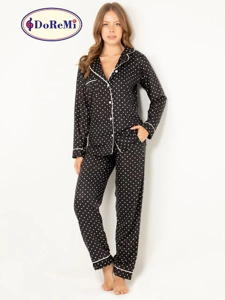 Gömlek Yaka Puantiyeli Doğal Viskon Soft Yumuşak Düğmeli Kadın Pijama Takımı