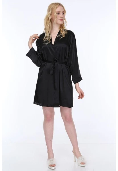 Kısa Düz Saten Siyah Sabahlık Asimod 1-ASİ-4212-13