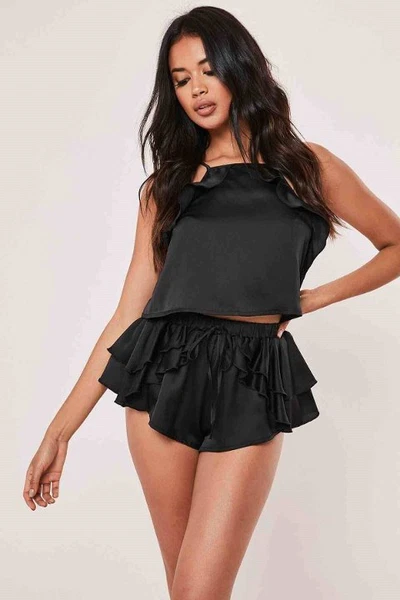 Siyah Saten Büstiyer Mini Şort Takım Night Light 3377