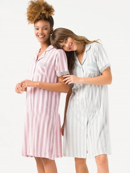 Önden Düğmeli Yarım Kol Gömlek Gecelik Yeni İnci BPJ1725