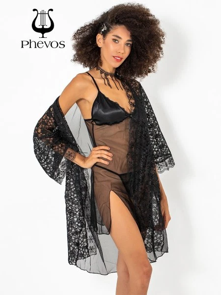 Phevos 3lü Siyah Gecelik ve Sabahlık Takımı