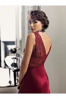Güpürlü 2Li Saten Gecelik Sabahlık Çeyiz Seti Perin 4014 Bordo görsel 6