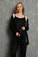 Kalp Baskılı 3lü Sabahlık Pijama Takım 16103 Siyah
