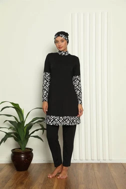 Akbeniz Siyah Beyaz Tam Tesettür Dijital Desenli Mayo 31039 - Alternatif Görünüm