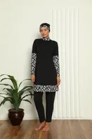 Siyah Beyaz Tam Tesettür Dijital Desenli Mayo 31039 Siyah detay görünüm