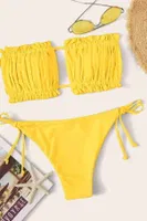 Angelsin Brezilya Model Büzgülü Bağlamalı Bikini üst Sarı Sarı detay görünüm