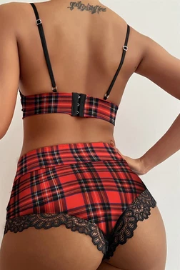 Kırmızı Ekose Seksi Çok Şık Yüksek Bel Şortlu Sütyen Takım Bella Notte 18500 - Alternatif Görünüm