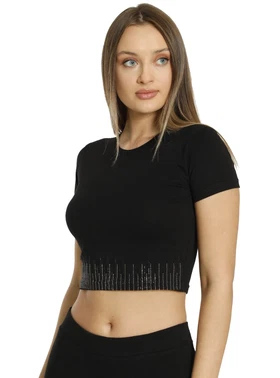 Dono Crop Fit Kısa Kollu Taşlı T-Shirt Dono 2212T