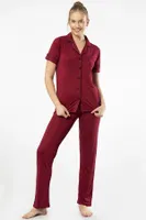 Kısa Kollu Gömlek Yaka Kadın Pijama Takımı Türen 3368 Pembe Bordo