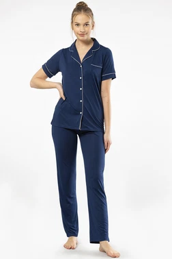 Türen Lacivert Kısa Kollu Gömlek Yaka Kadın Pijama Takımı Türen 3368 - Alternatif Görünüm