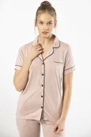 Kısa Kollu Gömlek Yaka Kadın Pijama Takımı Türen 3368 Siyah-Gri Pudra detay görünüm