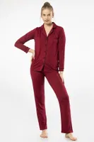 Gömlek Yaka Düğmeli Uzun Kollu Kadın Pijama Takım Türen 3365 Bordo
