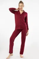 Gömlek Yaka Düğmeli Uzun Kollu Kadın Pijama Takım Türen 3365 Bordo detay görünüm