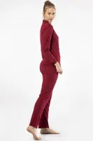 Gömlek Yaka Düğmeli Uzun Kollu Kadın Pijama Takım Türen 3365 Bordo görsel 4