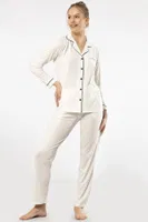 Gömlek Yaka Uzun Kollu Kadın Pijama Takım Türen 3365 Ekru detay görünüm