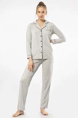 Türen Gri Gömlek Yaka Uzun Kollu Kadın Pijama Takım Türen 3365 - Alternatif Görünüm