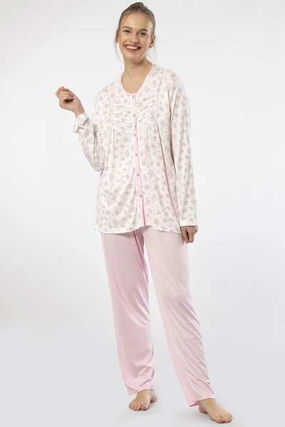 Düğmeli Empirme Battal Uzun Kollu Kadın Pijama Takım Türen 3367