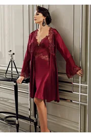 Perin Kısa Saten Güpürlü Gecelik Sabahlık 2Li Çeyiz Seti Perin 4017